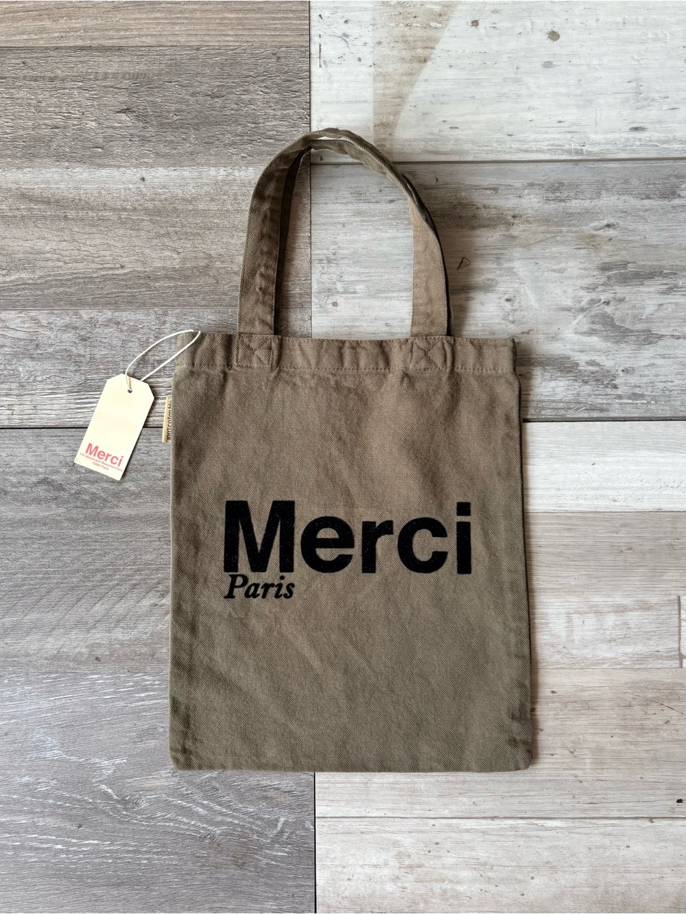 NWT Merci Paris Mini Tote Bag Khaki Green Olive Canvas Shopping Shopper France